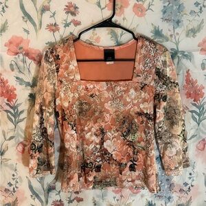 Vintage Elegant Lace Floral Blouse - Peach and Black